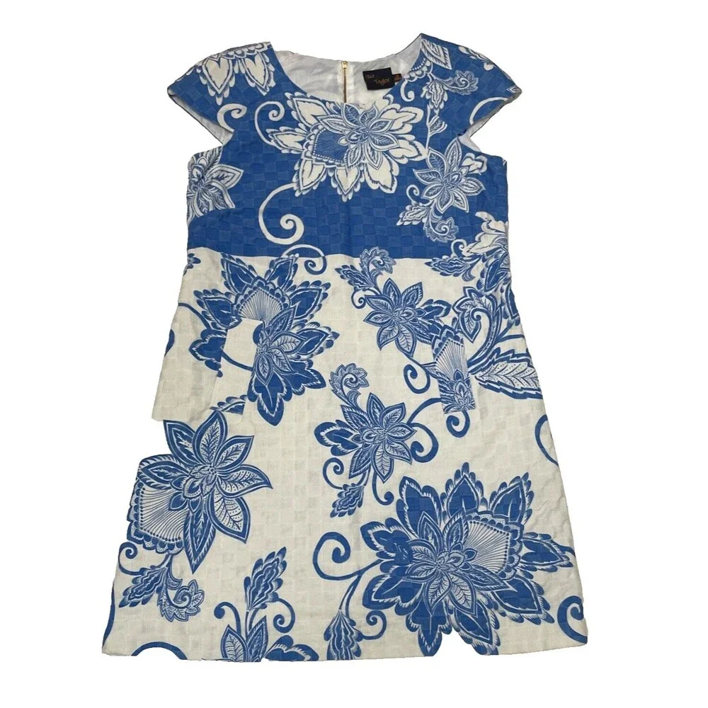 Just Taylor Dress Floral Blue & White Sheath‎ Shift Cap Sleeve Sz 12